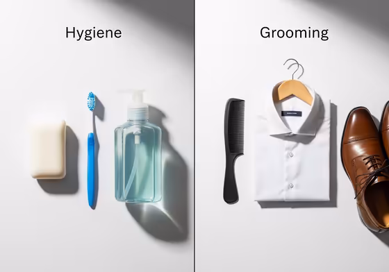 A split-screen image showing basic hygiene items like soap on one side and grooming tools like a comb and iron on the other.