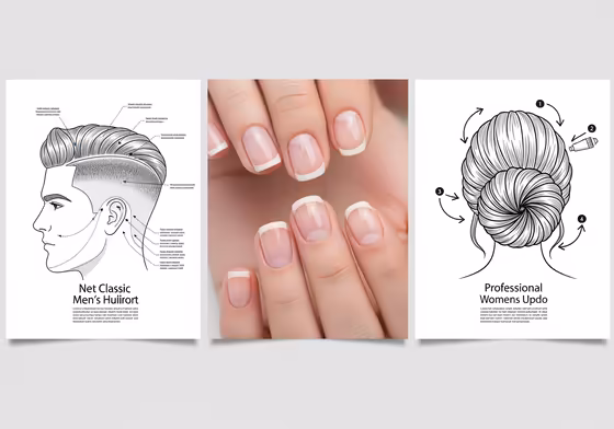 A collage showing neat professional hairstyles for men and women, and a close-up of clean, well-maintained fingernails.