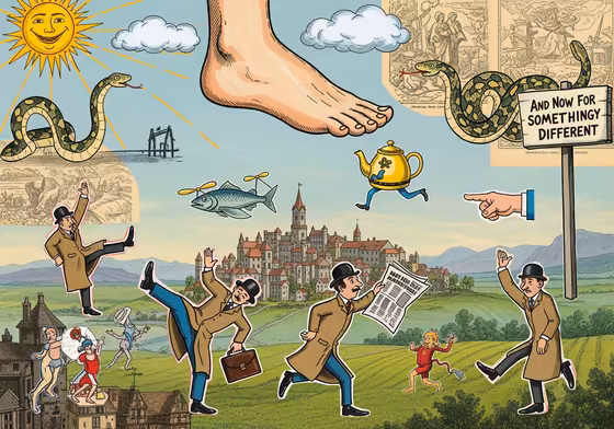 A collage of imagery from Monty Python's Flying Circus, representing the inspiration for Python's name.