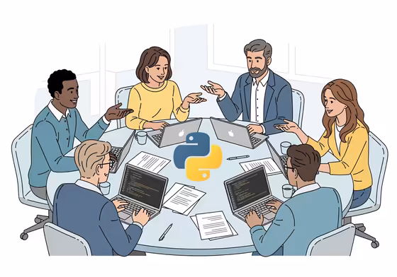 An illustration of a diverse group of people sitting around a round table, collaboratively making decisions, representing the Python Steering Council.