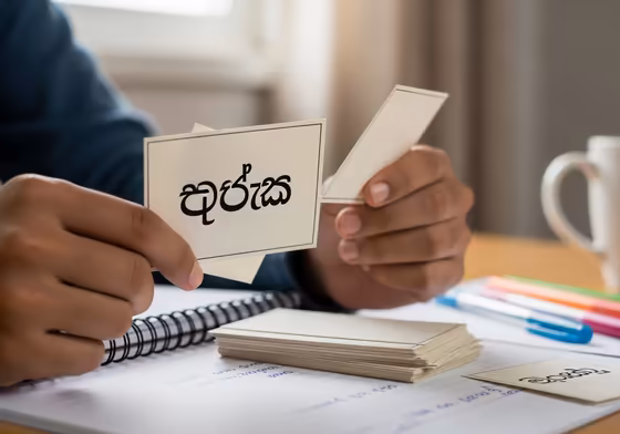 An image of hands holding flashcards with Sinhala words, illustrating a study technique for learning synonyms.