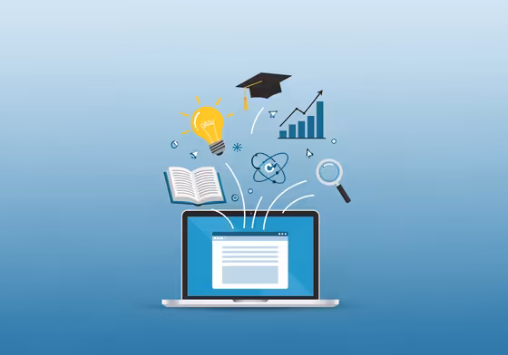 A digital collage of educational icons like books, graduation caps, and charts, representing online resources.