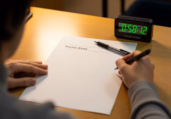 A student sitting at a clean desk with a timer, a test paper, and a pen, simulating a real exam environment.